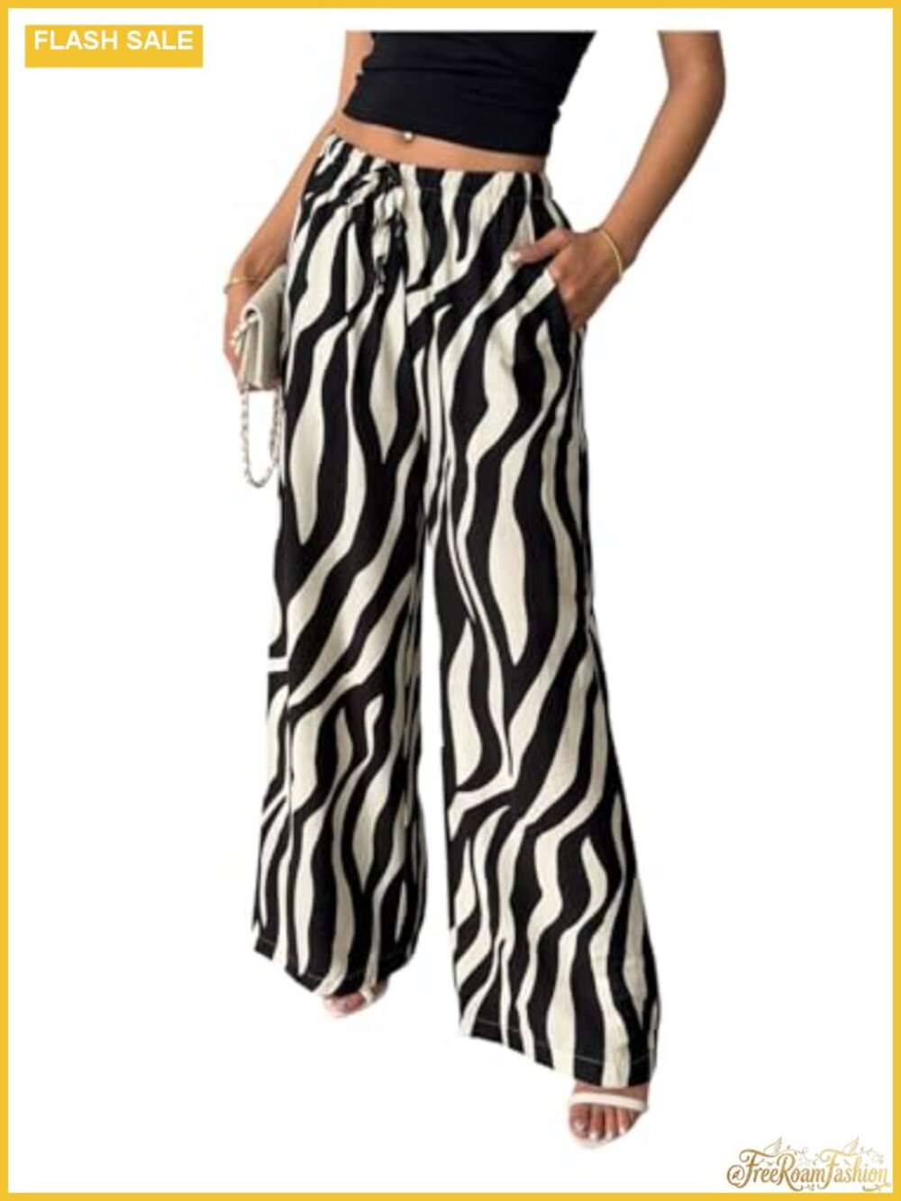 Zebra Print Wide Leg Linen Pants Boho Low Rise Trousers